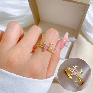 Antler Adjustable Open Ring Gold Plated Brass Pink Pear Zircon Teardrop Sparkly Jewelry For Women