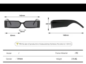 Detailed dimension chart showing frame width and lens size for rectangle sunglasses