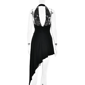 Detailed back view of a black halter neck backless mermaid dress on a mannequin