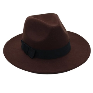 Detailed side view of a vintage dark brown wool fedora with a wide black ribbon band