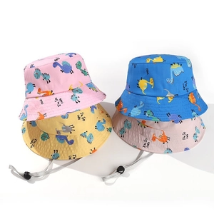 Cute cartoon dinosaur sun hats for kids in pink blue yellow and beige with windproof straps