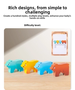 Detailed macro shot of colorful wooden bear stacking blocks with a guided challenge card