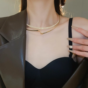 Close-up of minimalist double-layer golden neck collar on a model in warm lighting
