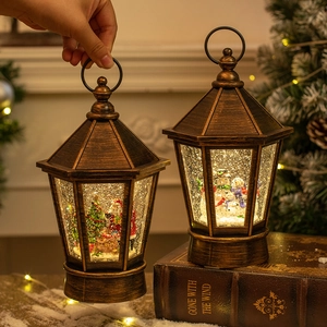 Christmas Lantern Retro Snow Globe LED Water Lamp Santa Claus Snowman Interior Glitter Swirl Bronze Desktop Ornament Gift