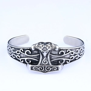 Nordic Viking Mjolnir cuff bracelet in vintage stainless steel with ornate engravings