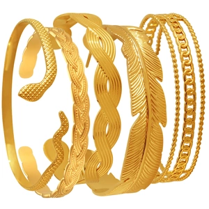 French vintage 18K gold plated Cuban chain and geometric bangle set for women