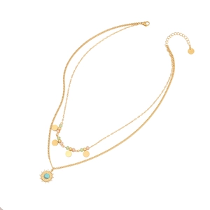 Double-layered gold stainless steel necklace with crystal beads and sun star pendant