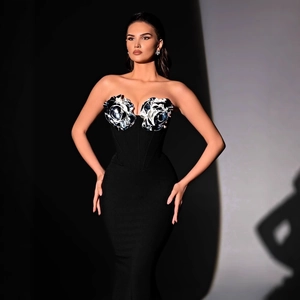 Slim fit tube top fishtail evening gown with 3D silver metallic floral accents