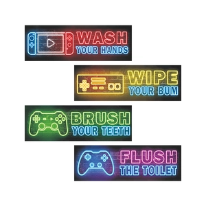 Neon game controller wall stickers set with daily habit reminders on black brick background