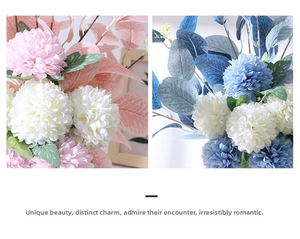 Detail of faux chrysanthemum and hydrangea bouquet with pink and blue fabric petals