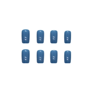 Glossy hazy blue square press-on nails set with long rectangle shape on white background
