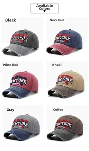 Detail view of vintage washed baseball caps with New York embroidery in six colors