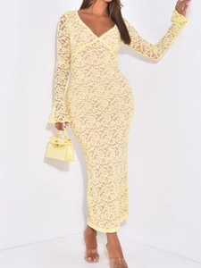 Robe Longue En Dentelle Col En V Manches Longues Sexy Y2K Coupe Ajustée Jaune Manches Évasées Élégant