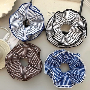 Large Striped Fabric Scrunchie Multi-Layer Pleated Hair Ties High Elastic Ponytail Holder Ruffle Accessories For Women