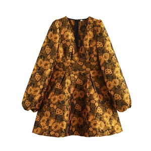 Dames Jacquard Bloemen Mini Jurk V-Hals Lange Mouwen Hoge Taille Pof A-Lijn Vintage Elegant Ritssluiting