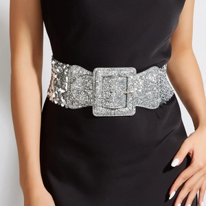 Large ceinture élastique à paillettes argentées avec boucle carrée pour femmes