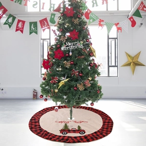 120cm burlap Christmas tree skirt with red truck design and buffalo plaid borders