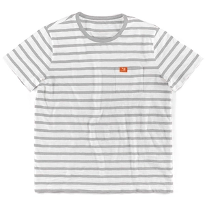 Close-up of men's grey and white striped T-shirt with a chest pocket and orange label