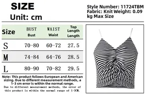 Size chart detail for striped backless crop top with bust and length measurements in cm