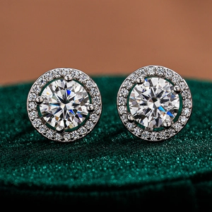 Classic S925 silver halo stud earrings with round moissanite for wedding gift