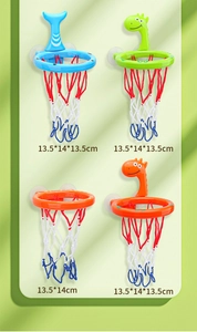 Detail of four colorful cartoon bath basketball hoops with suction cups and net dimensions