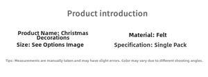 Detailed product specifications for felt Christmas ornaments showing sizes and materials