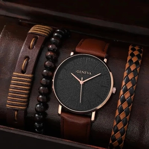 Detail view of men's watch set featuring a black dial watch and braided leather bracelets