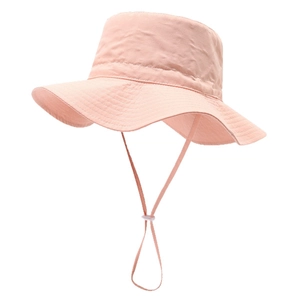Pink wide brim sun hat for women with adjustable chin strap and minimalist design