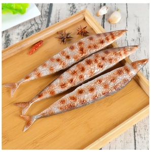 Detailed macro shot of realistic grilled Pacific saury food model on a bamboo tray