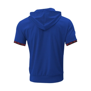 Detail view of royal blue hooded T-shirt back with waffle texture and plaid cuff trim