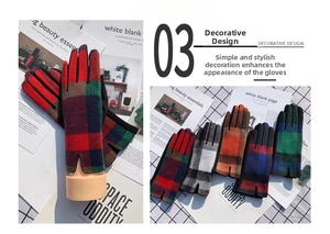 Close-up of winter plaid gloves with V-cut wrist detail and warm knitted wool texture