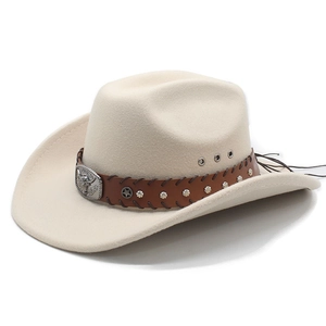 Classic beige wool felt western cowboy hat with studded leather band and bull head buckle