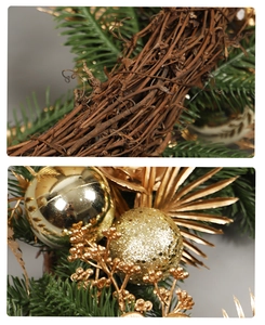 Detail of Christmas wreath featuring green PE pine needles, golden baubles and rattan base
