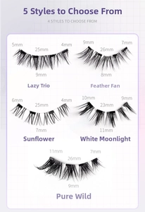 Detailed size chart showing lengths of 5mm to 11mm for five 3D magnetic eyelash styles