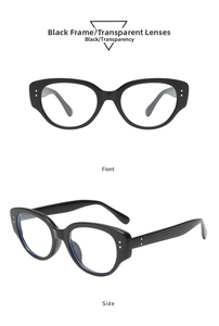Close-up of black cat-eye frames featuring silver rivets and clear lenses for fashion