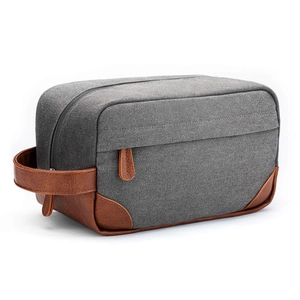 Retro men's canvas and PU leather toiletry bag with durable handle and waterproof lining