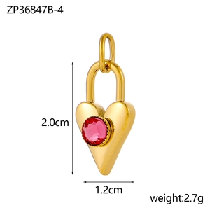 Detail view of gold heart padlock pendant with red gemstone and size measurements