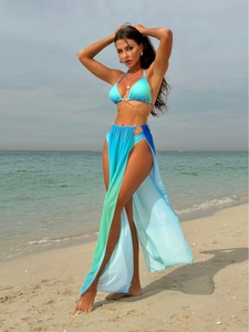 Three-piece ombre gradient bikini set with mesh long skirt and gold chain details