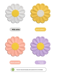 Detail showing daisy silicone trivets in white, yellow, pink and purple color variants
