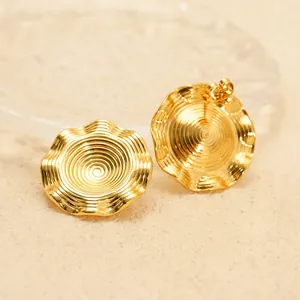 Elegant 18k gold plated stainless steel textured round disc stud earrings for women