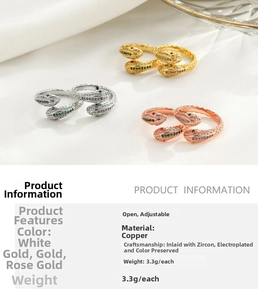 Detailed product specifications for vintage double-headed snake rings with colored zircons