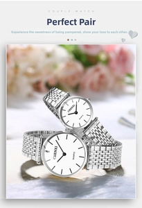 Macro view of silver mesh straps and white minimalist dials of CHENXI couple watches