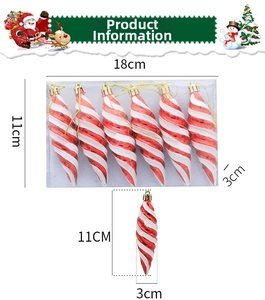 Detail of red and white spiral icicle Christmas ornaments in 6-piece set packaging