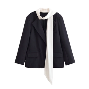 Women Blazer Jacket Polyester Contrast Color Scarf Tie Lapel Minimalist Office Casual Outerwear