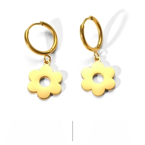 Detail showing 18K vacuum gold plated flower earrings made of durable titanium steel