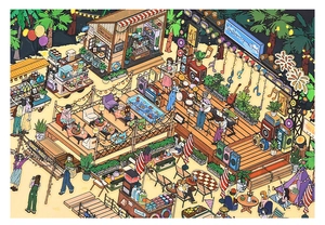 Detailed 2.5D isometric view of a beach music festival sticker with vibrant seaside scenes
