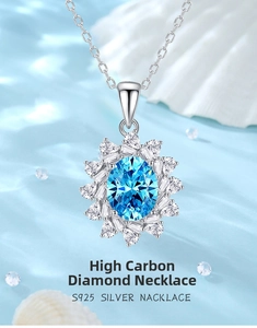Detail of s925 silver necklace with oval blue carbon diamond sunflower pendant design