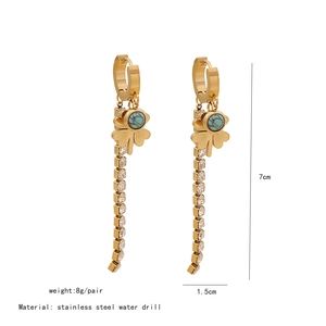 Detail showing long tassel earrings with rhinestone eyes and turquoise beads on white background