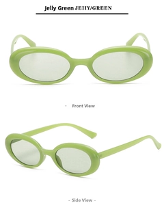 Front and side views of jelly green oval sunglasses in retro thick acetate frames
