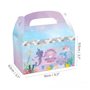 Mermaid party gift box detail showing 16x9.5x9.5cm size and ocean shell design